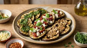 Piatto di melanzane grigliate condite in modi diversi con erbette, formaggio, pomodori secchi e pinoli