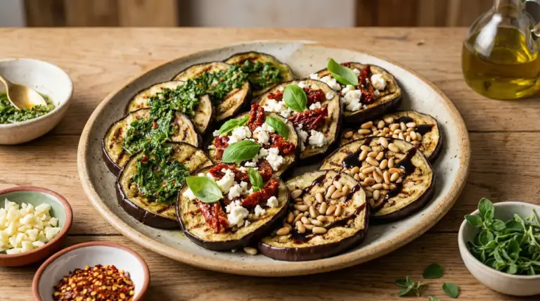 Piatto di melanzane grigliate condite in modi diversi con erbette, formaggio, pomodori secchi e pinoli