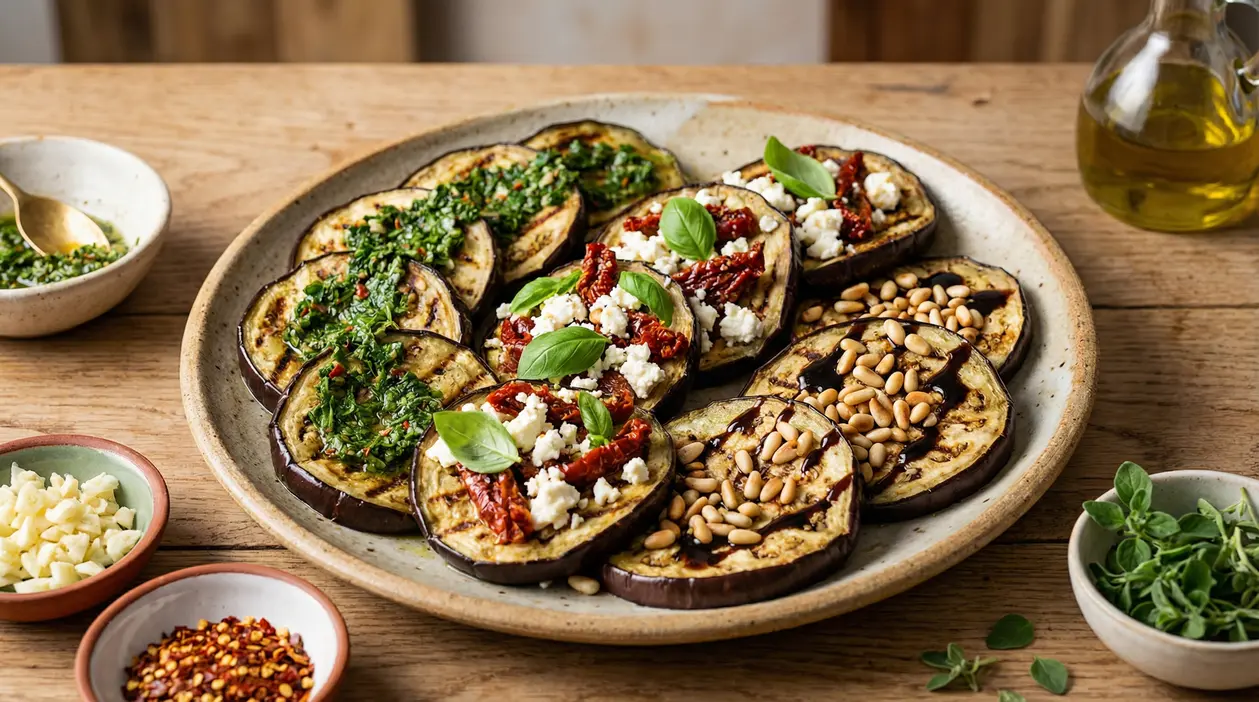Piatto di melanzane grigliate condite in modi diversi con erbette, formaggio, pomodori secchi e pinoli