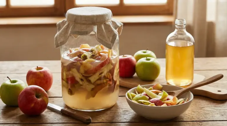 Barattolo con bucce e torsoli di mela in fermentazione accanto a una bottiglia di aceto di mele fatto in casa