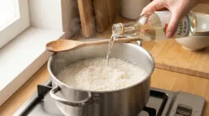 Mano che versa aceto nell’acqua di cottura del riso in una pentola sul fornello