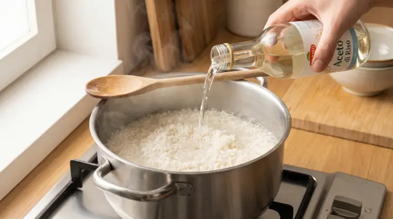 Mano che versa aceto nell’acqua di cottura del riso in una pentola sul fornello