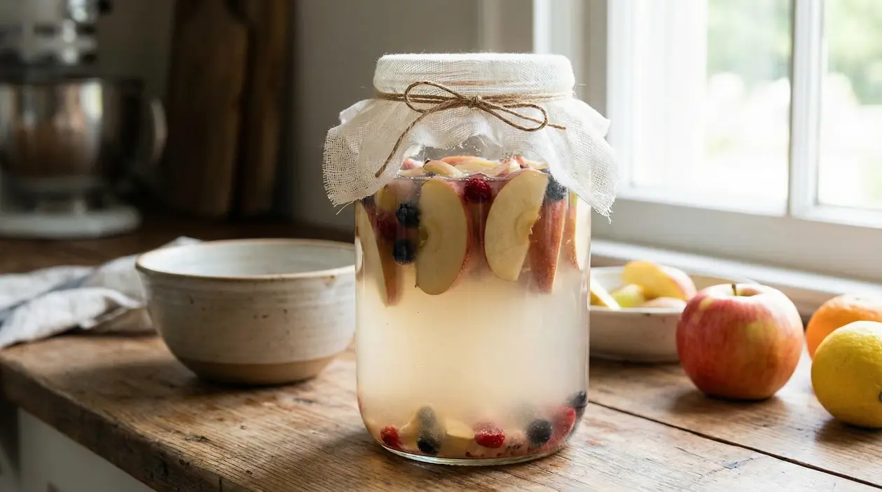 Barattolo di acqua fermentata con mele e frutti rossi su un tavolo in cucina vicino alla finestra