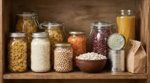 Scaffale della dispensa con pasta, riso, legumi secchi e conserve in barattoli e lattine