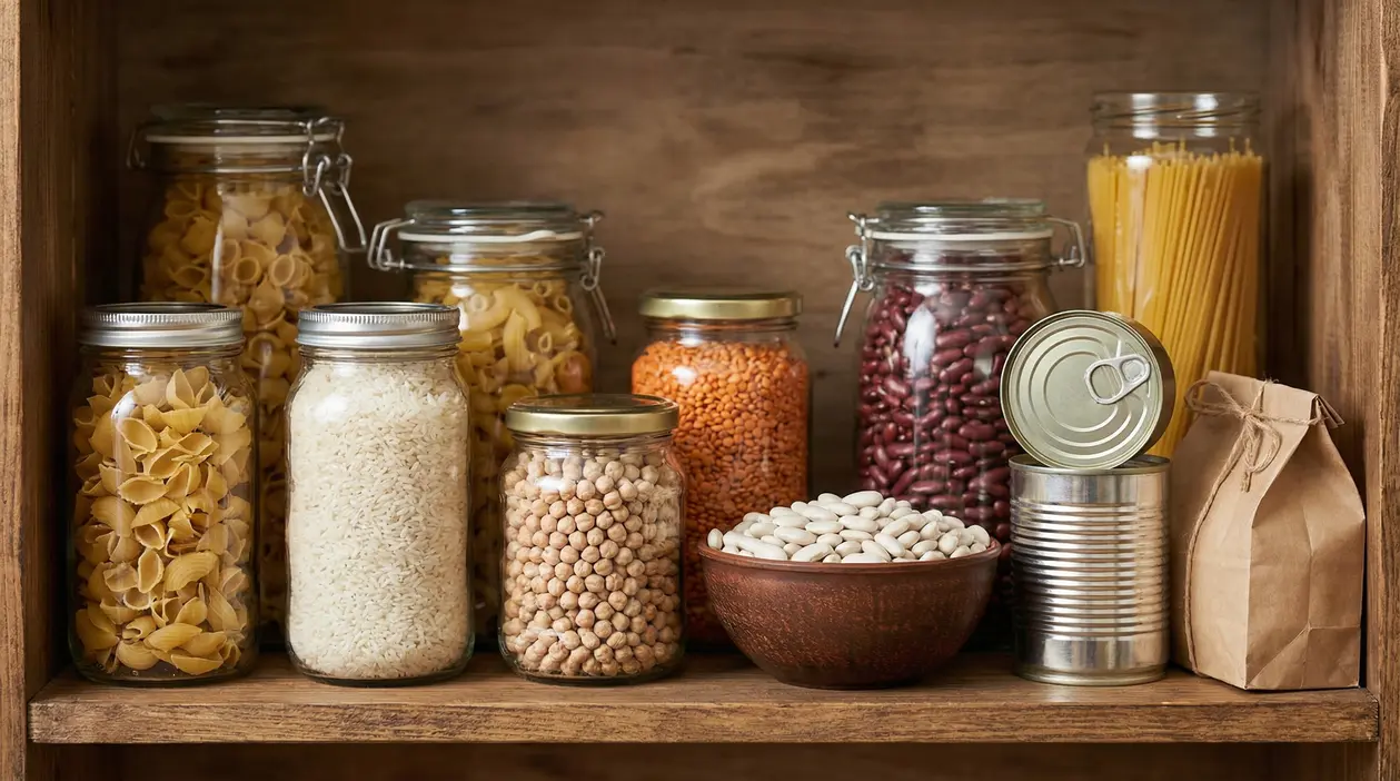 Scaffale della dispensa con pasta, riso, legumi secchi e conserve in barattoli e lattine