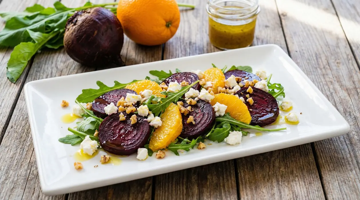 Insalata con barbabietola e arancia, rucola, formaggio fresco e noci su piatto bianco