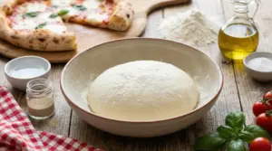 Impasto per pizza in lievitazione in una ciotola, con farina, olio e poco lievito su tavolo di legno