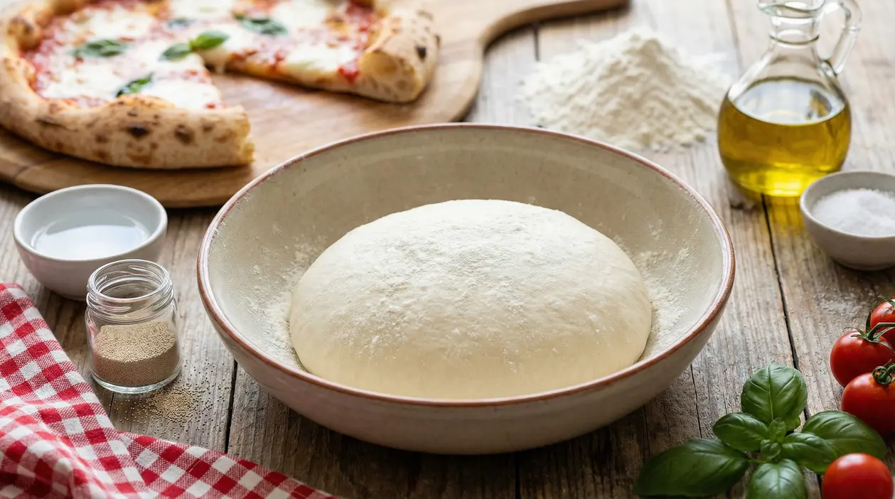 Impasto per pizza in lievitazione in una ciotola, con farina, olio e poco lievito su tavolo di legno