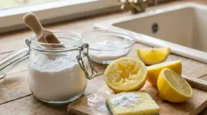 Barattolo di bicarbonato con limoni tagliati e spugna su un piano cucina