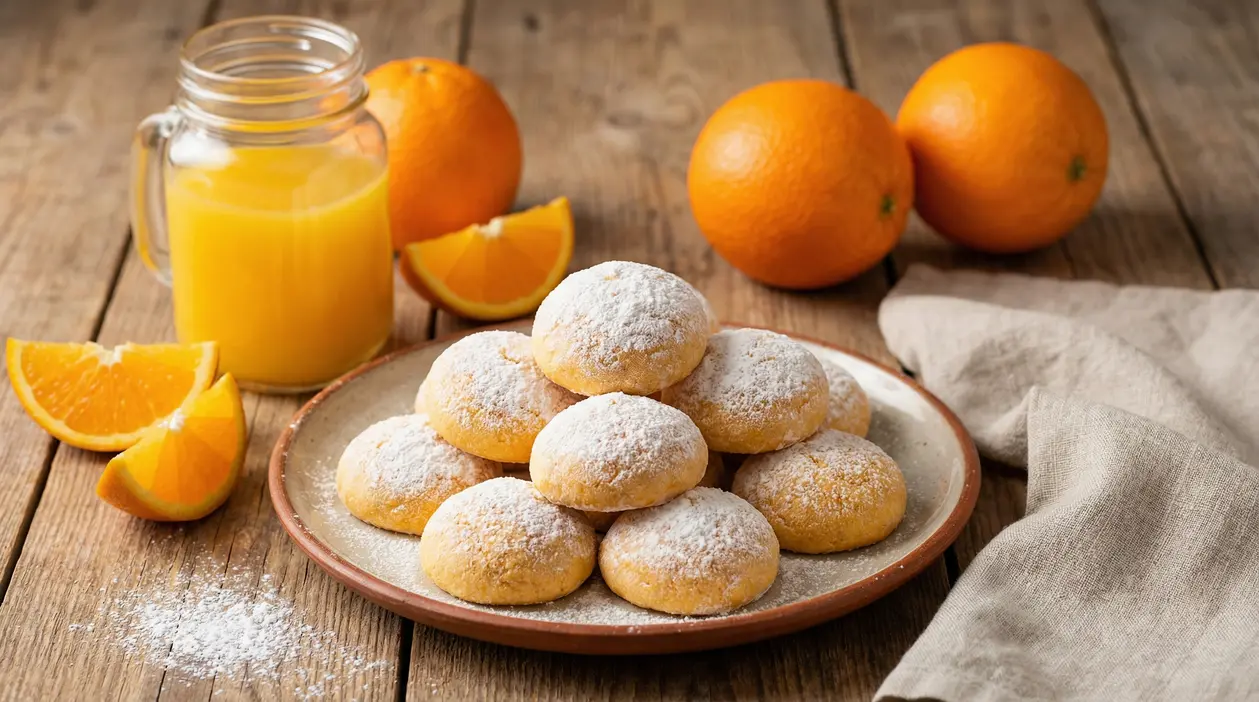 Biscotti soffici all’arancia senza burro con zucchero a velo, serviti su un piatto accanto a succo e fette d’arancia