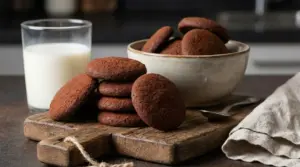Biscottini al cacao fatti in casa su tagliere di legno, con ciotola e bicchiere di latte accanto