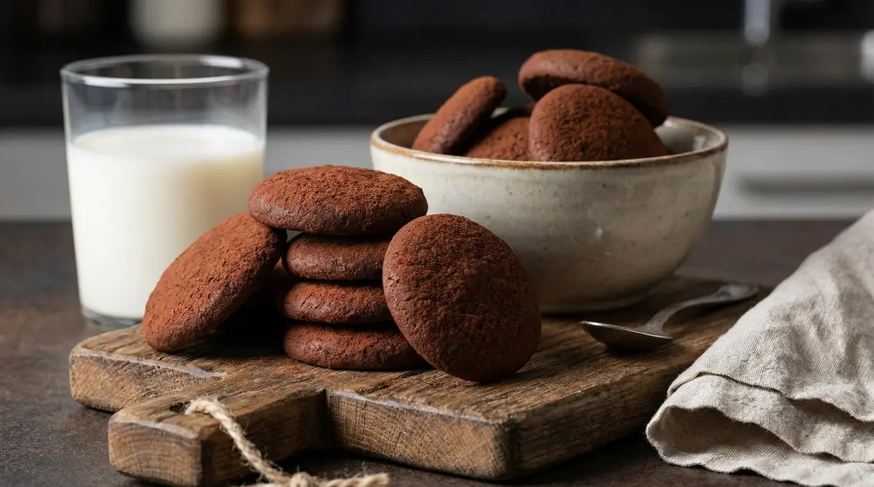 Biscottini al cacao fatti in casa su tagliere di legno, con ciotola e bicchiere di latte accanto