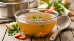 Ciotola di brodo saporito con prezzemolo, carote e verdure su tavolo di legno