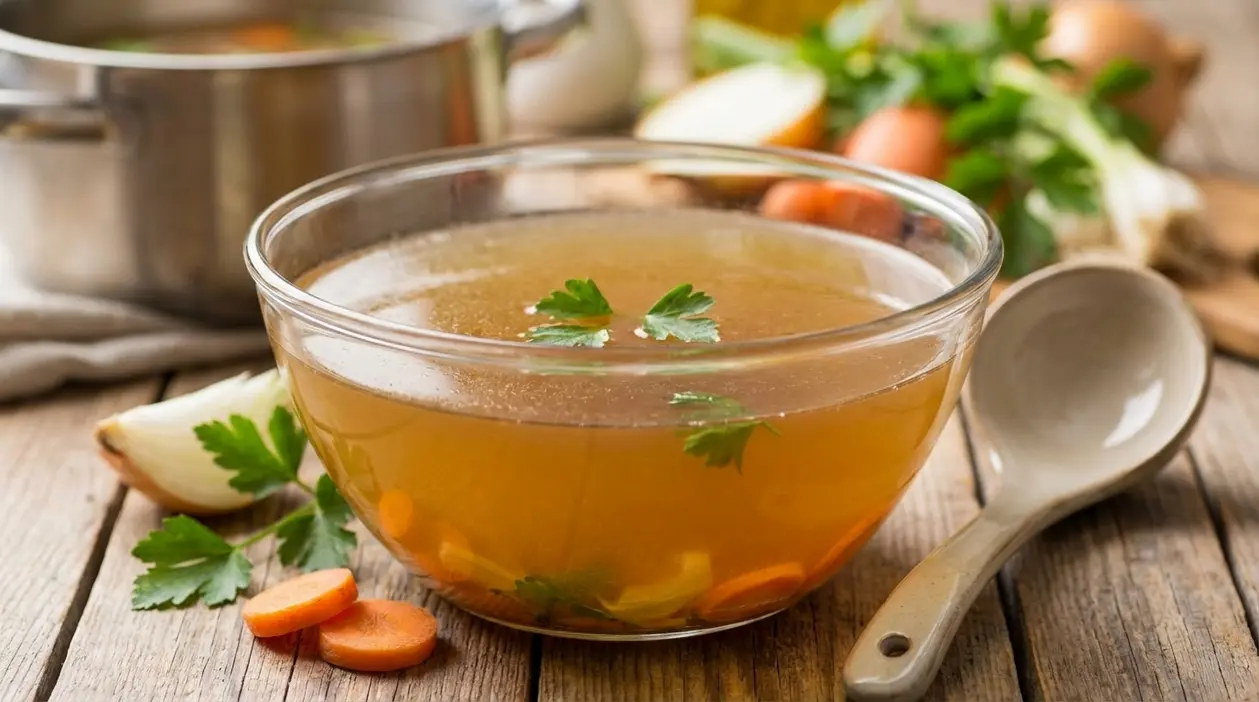 Ciotola di brodo saporito con prezzemolo, carote e verdure su tavolo di legno