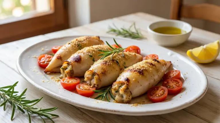 Calamari ripieni al forno con pomodorini, rosmarino e pangrattato su piatto bianco