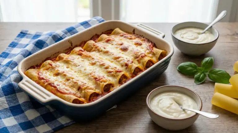 Cannelloni ripieni di carne al forno con besciamella e formaggio gratinato in una pirofila