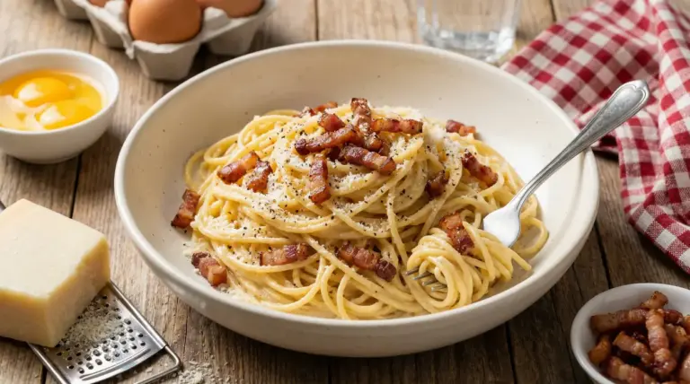 Piatto di spaghetti alla carbonara cremosa con guanciale croccante, pecorino grattugiato e pepe nero