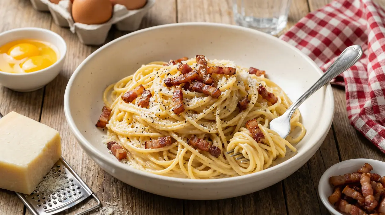 Piatto di spaghetti alla carbonara cremosa con guanciale croccante, pecorino grattugiato e pepe nero
