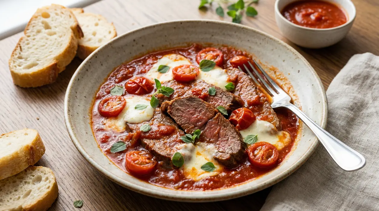 Piatto di carne alla pizzaiola con salsa di pomodoro, mozzarella fusa, pomodorini e pane a fette