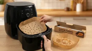 Carta da forno forata inserita nel cestello di una friggitrice ad aria su piano cucina
