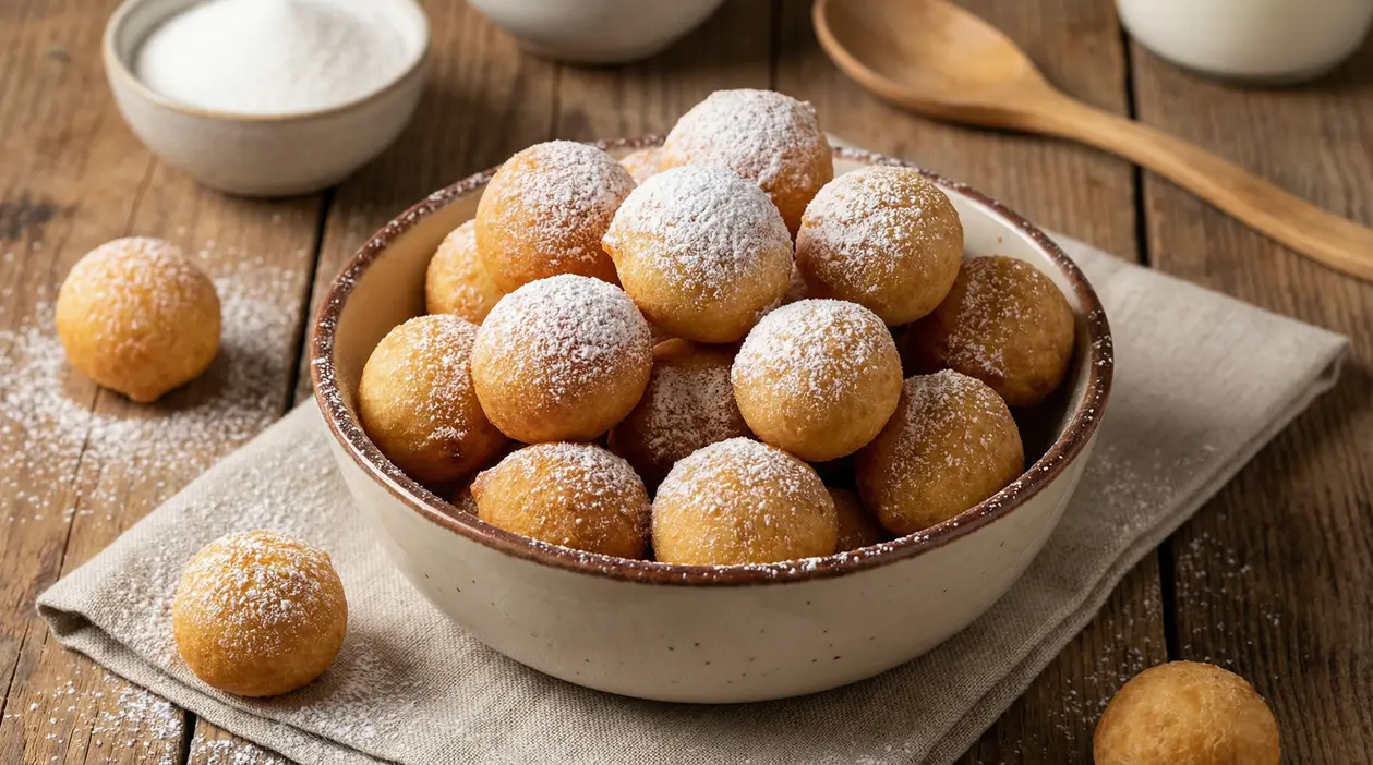 Ciotola di castagnole soffici spolverate con zucchero a velo su tavolo rustico