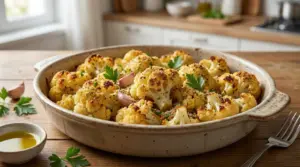 Teglia di cavolfiore al forno gratinato con pangrattato, aglio e prezzemolo su tavolo di legno