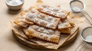 Chiacchiere di Carnevale croccanti spolverate di zucchero a velo su vassoio di legno