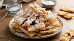 Piatto di chiacchiere di Carnevale friabili e dorate, spolverate con zucchero a velo