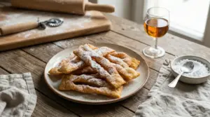 Piatto di chiacchiere di Carnevale con zucchero a velo su tavolo rustico, accanto a matterello e bicchiere