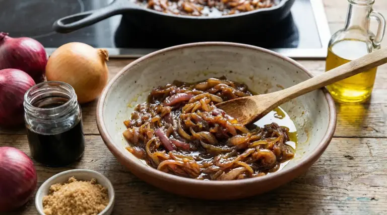 Ciotola con cipolle caramellate e cucchiaio di legno, accanto a cipolle fresche, zucchero di canna e olio