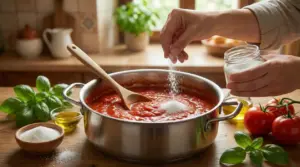 Mano che aggiunge zucchero a una pentola di sugo di pomodoro con basilico fresco in cucina