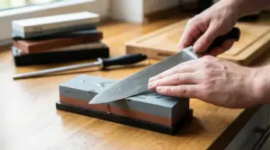 Mani che affilano un coltello da cucina su una pietra abrasiva appoggiata su un tavolo di legno