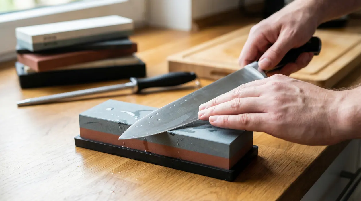 Mani che affilano un coltello da cucina su una pietra abrasiva appoggiata su un tavolo di legno