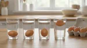 Uova in bicchieri d’acqua per verificare la freschezza con il test del galleggiamento