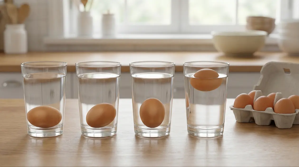 Uova in bicchieri d’acqua per verificare la freschezza con il test del galleggiamento