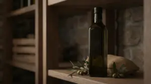 Bottiglia di olio extravergine di oliva su scaffale in legno, conservata al riparo dalla luce