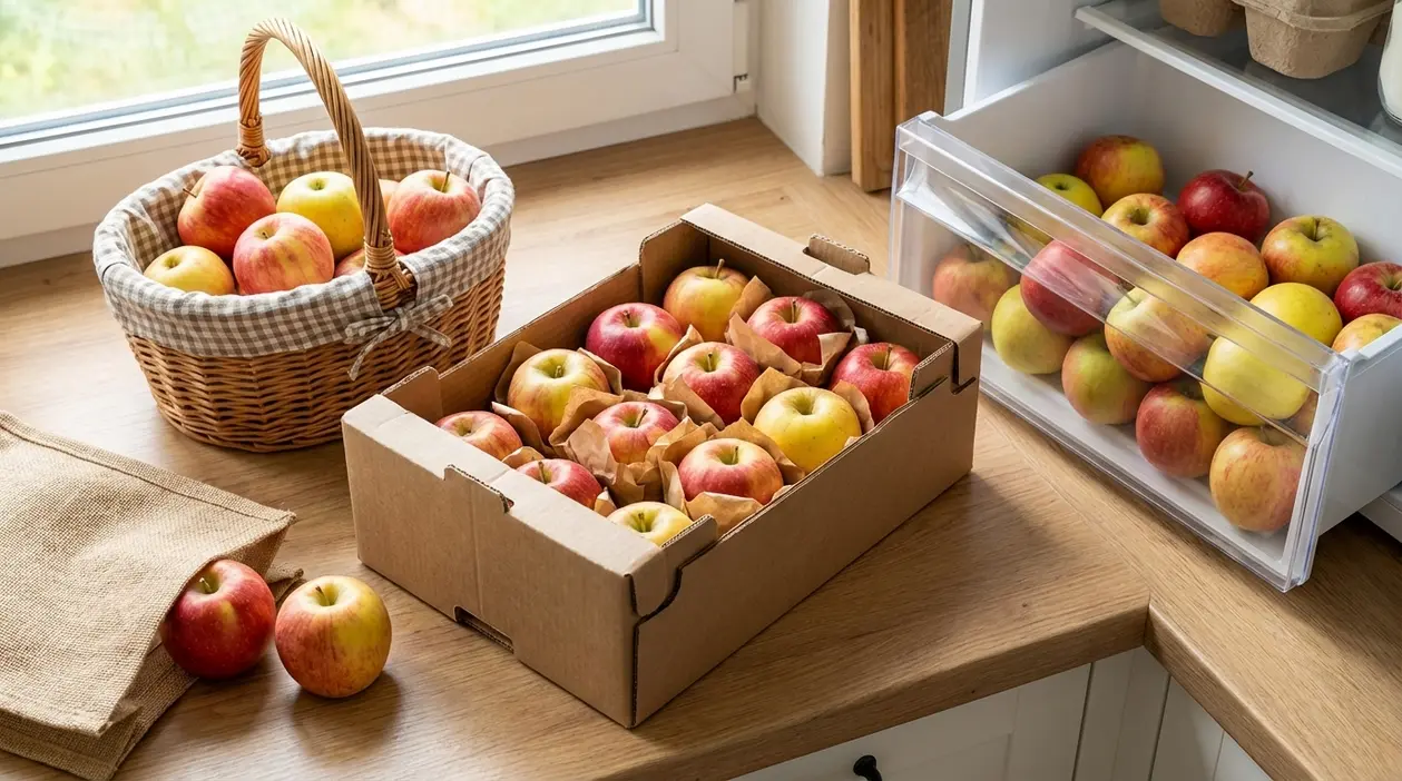 Mele conservate in cestino, scatola di cartone e cassetto del frigorifero in cucina