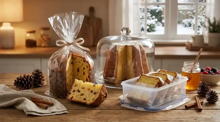 Pandoro e panettone avanzati conservati in sacchetto, campana di vetro e contenitore ermetico in cucina