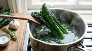 Cavolo nero immerso in una pentola di acqua bollente, sollevato con un cucchiaio di legno
