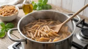 Pasta integrale corta in cottura in una pentola con cucchiaio di legno su fornello