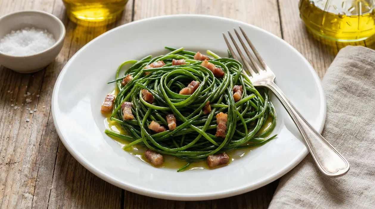 Piatto di barba di frate con pancetta croccante e olio extravergine su tavolo rustico