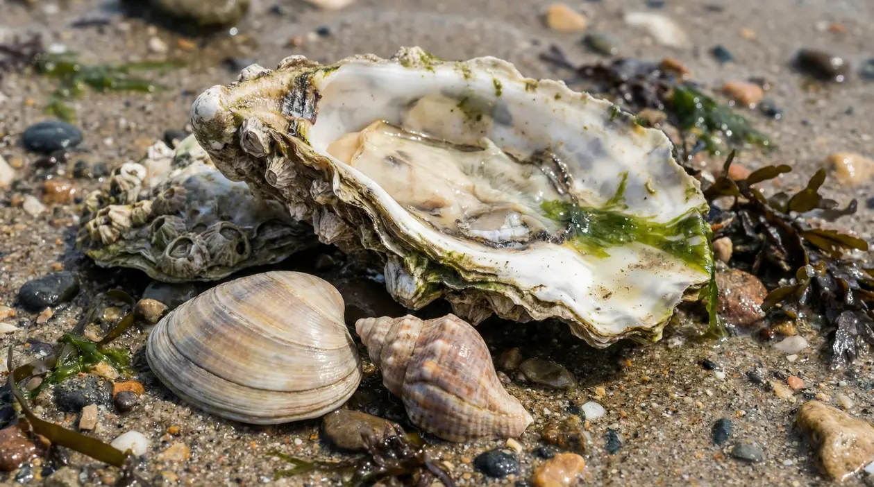 Conchiglie marine sulla battigia accanto a un guscio simile a un’ostrica, tra sabbia, alghe e ciottoli