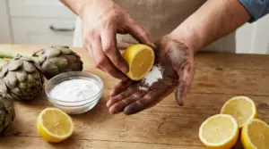 Mani macchiate dal nero dei carciofi con limone e bicarbonato su un tavolo di cucina