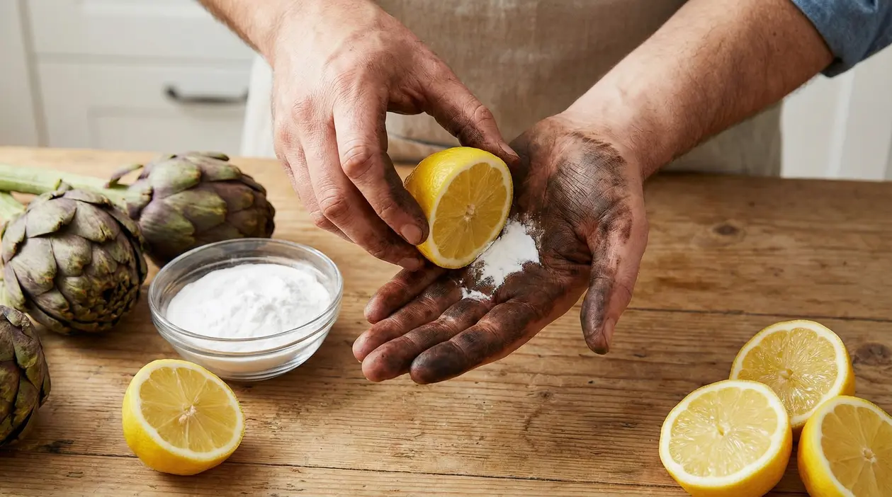 Mani macchiate dal nero dei carciofi con limone e bicarbonato su un tavolo di cucina