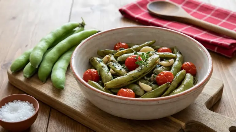 Piatto di bucce di fave saltate con pomodorini e aglio, servito in ciotola su tagliere di legno