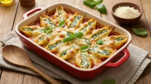 Conchiglioni ripieni al forno con ricotta e spinaci, gratinati al formaggio in una pirofila con basilico