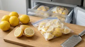 Limoni interi e tagliati con spicchi congelati in sacchetti, pronti per il freezer su un tagliere