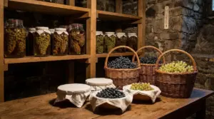 Uva fresca e conservata in barattoli e cesti in una cantina rustica