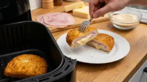 Cordon bleu dorati in friggitrice ad aria, con prosciutto e formaggio filante su un piatto