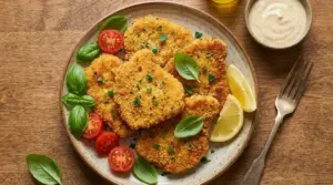 Piatto di cotolette vegetariane dorate e croccanti con basilico, pomodorini, limone e salsa